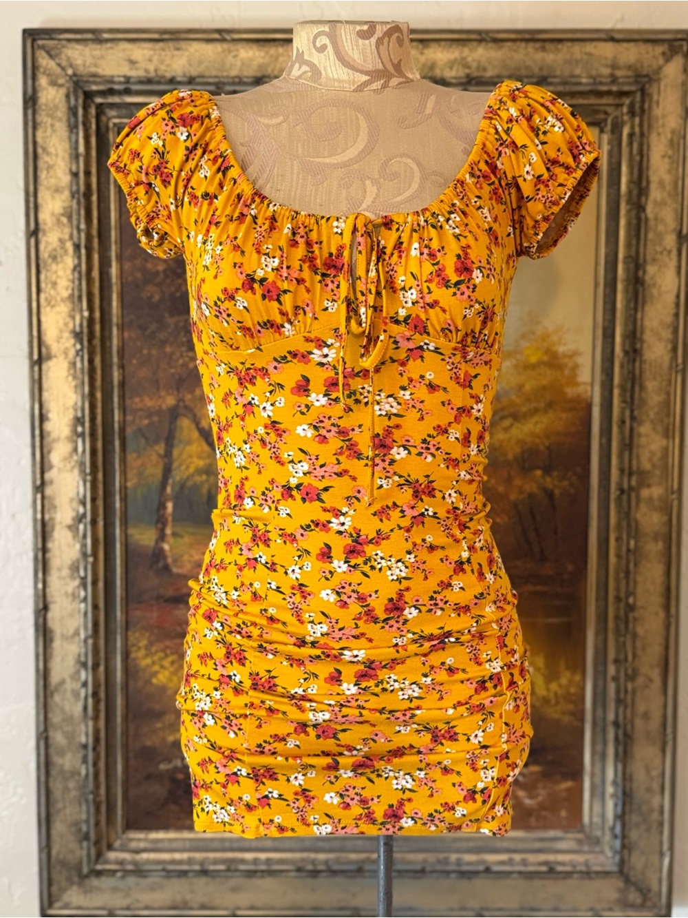 Yellow Floral  Cottagecore Puff-Sleeve mini dress